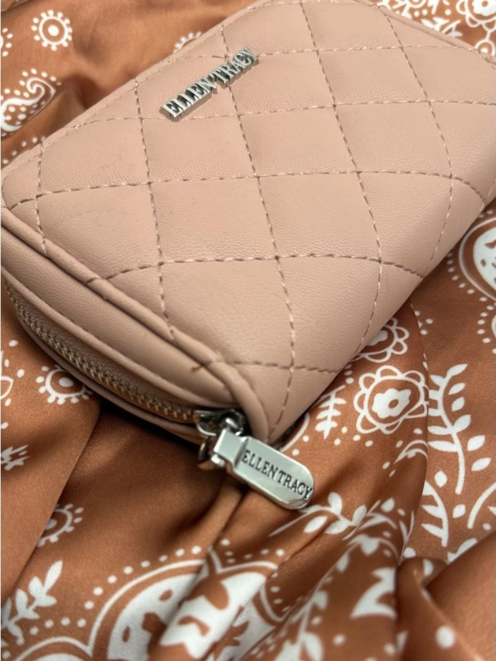 Ellen Tracy Quilted Zip Around Wallet Blush Pink Faux Leather